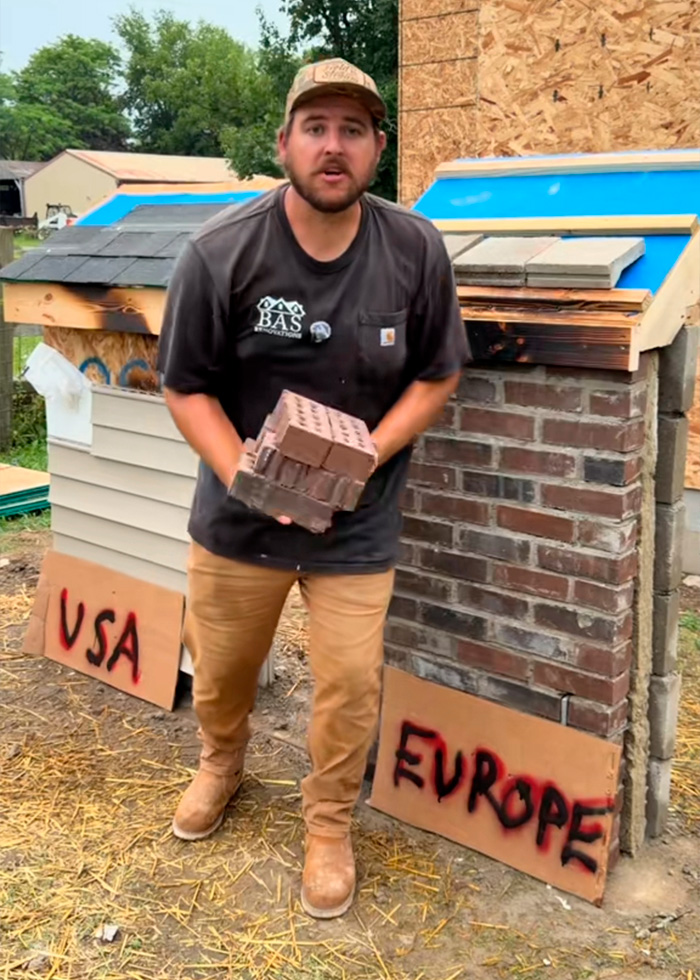 Construction expert holding bricks, comparing USA vs Europe home building methods with sample walls. Construction expert holding bricks, comparing USA vs Europe home building methods with sample walls.
