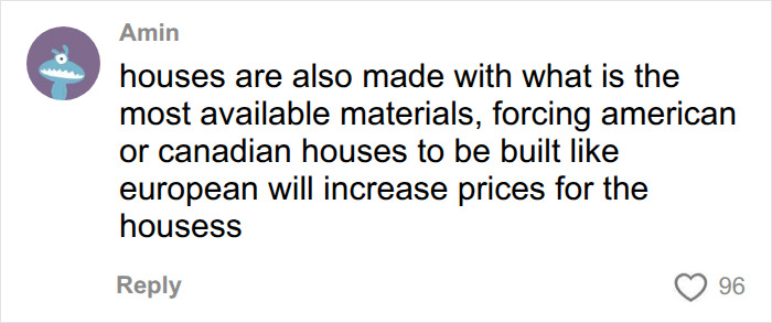 A social media comment from Amin on the USA vs Europe home building debate, focusing on material availability and cost. A social media comment from Amin on the USA vs Europe home building debate, focusing on material availability and cost.