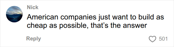 Social media comment on USA vs Europe home building debate, stating American companies build cheaply. Social media comment on USA vs Europe home building debate, stating American companies build cheaply.