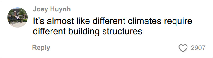 A social media comment by Joey Huynh on the USA vs Europe home building debate, highlighting climate impact on building structures. A social media comment by Joey Huynh on the USA vs Europe home building debate, highlighting climate impact on building structures.