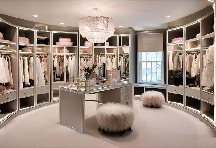 A luxurious walk-in closet with extensive storage and a central vanity, a surprising thing wealthy people buy.