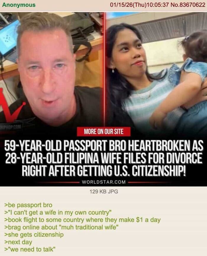 A passport bro's AI girlfriend cringy fail as his Filipina wife divorces him after getting U.S. citizenship.