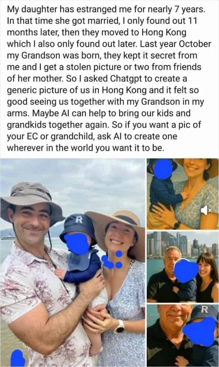 A father holds his child with AI-generated images of family, a cringy AI girlfriend fail.