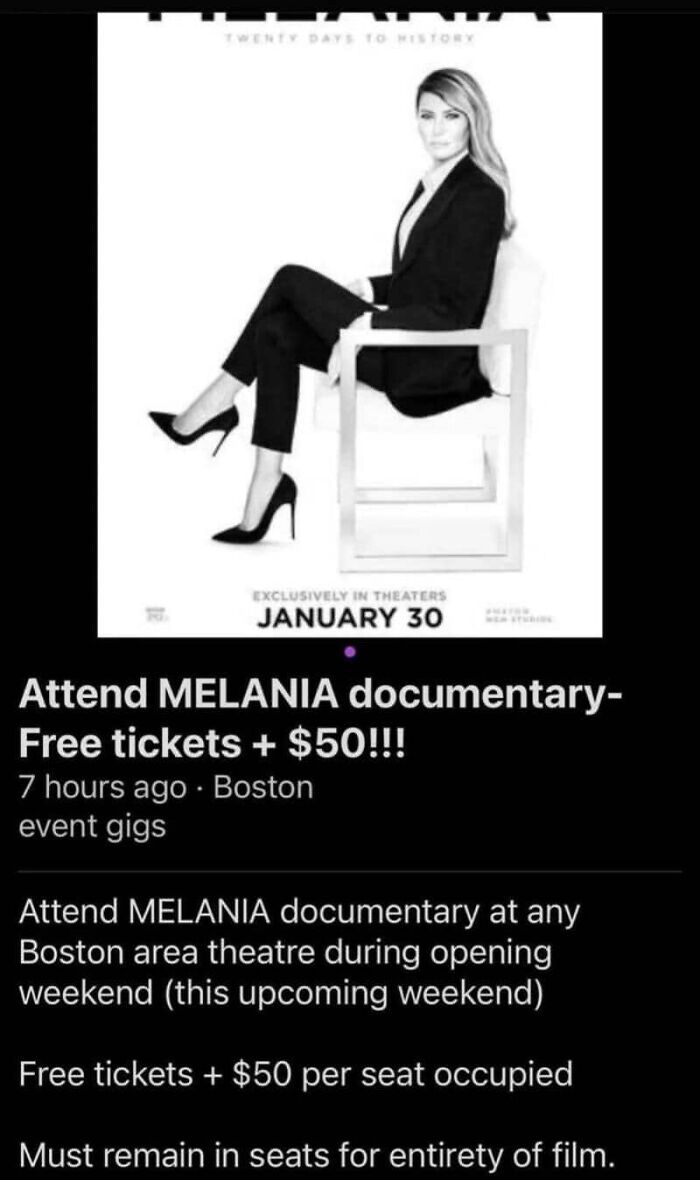 A black and white image of Melania Trump with text about a documentary, an AI girlfriend fail.