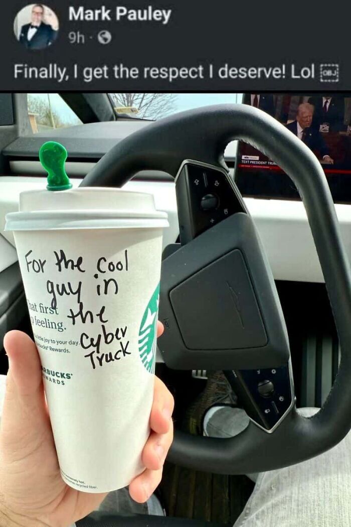 A man holds a coffee cup with a custom message in a Tesla Cybertruck, a cringy AI girlfriend fail.