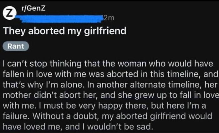 A Reddit post on r/GenZ titled They aborted my girlfriend, highlighting cringy fails about unposted thoughts.