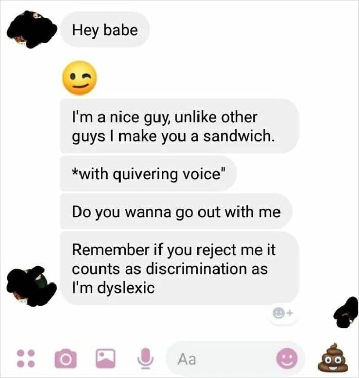 A text message conversation showing a cringy fail with a person asking for a date and claiming rejection is discrimination.