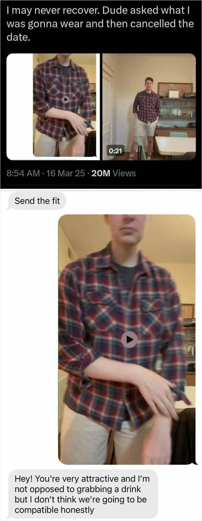 A screenshot showing a person modeling an outfit for a date that was later canceled, a cringy fail.