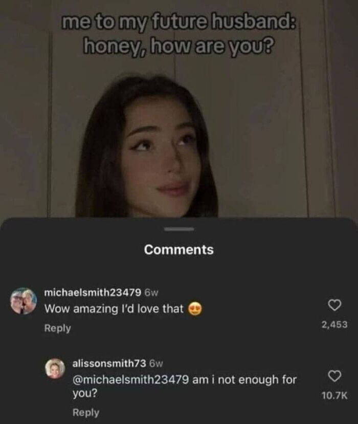 A meme of a woman with a text overlay about a future husband, showing cringy fails and things better left unposted.