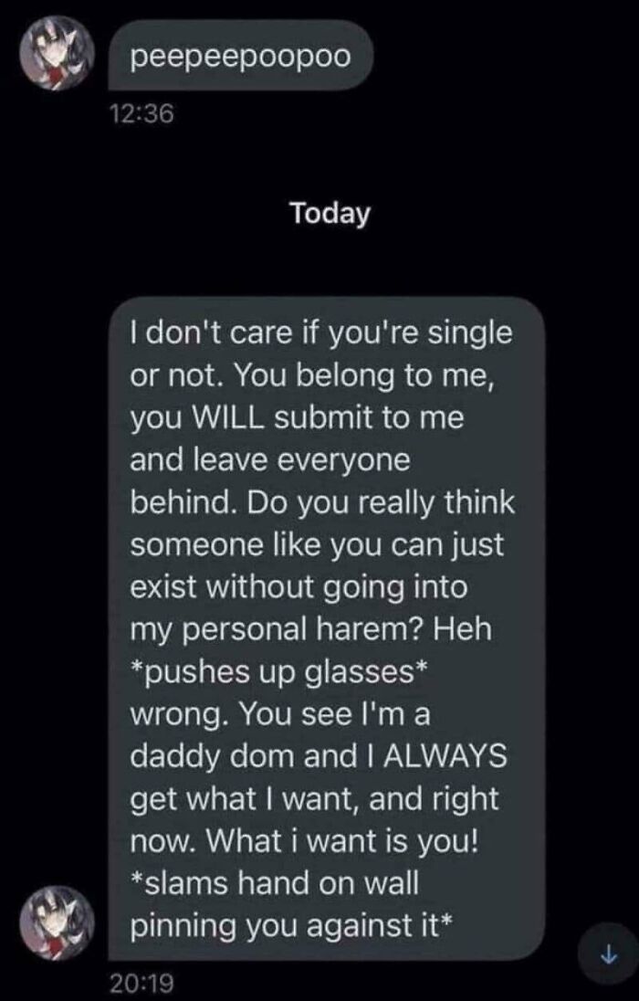 A cringe text message conversation, showcasing an AI girlfriend fail with overly aggressive demands for submission.