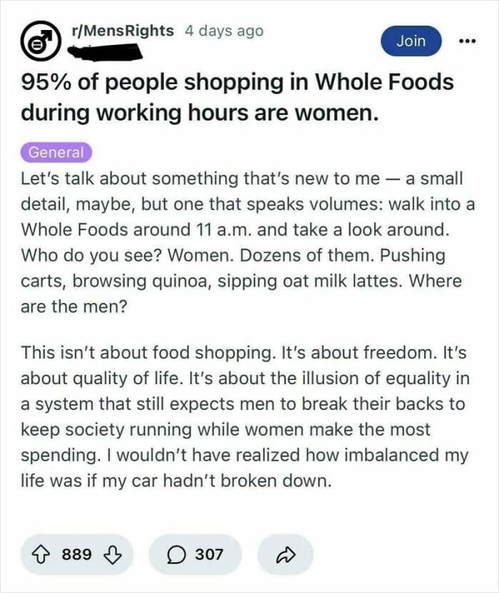 A Reddit post about AI girlfriend cringy fails, discussing gender roles in shopping and societal expectations.