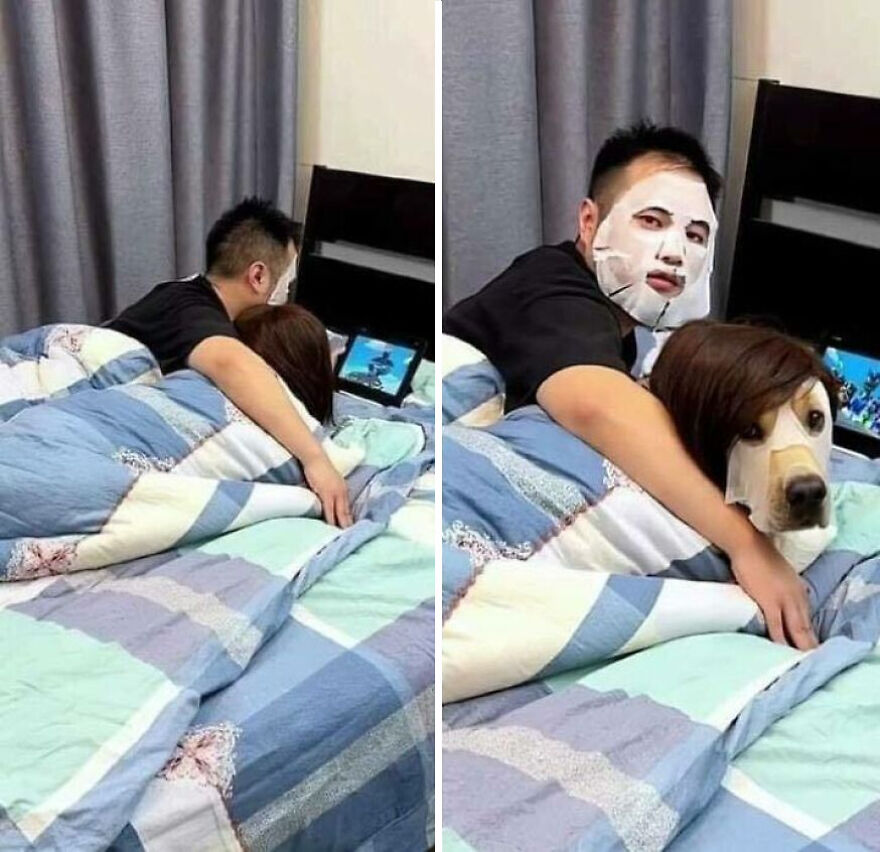 A disturbing and uncomfortable pic of a man with a face mask and a dog wearing a wig and face mask, appearing human-like.