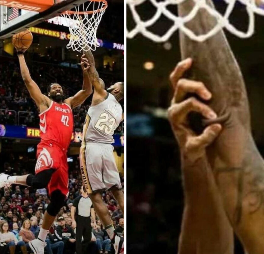 An uncomfortable pic of a basketball player dunking, with a close-up of a disturbing arm image.