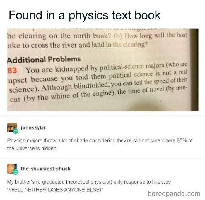 A physics textbook problem about being kidnapped by political-science majors, with funny comments from users below.