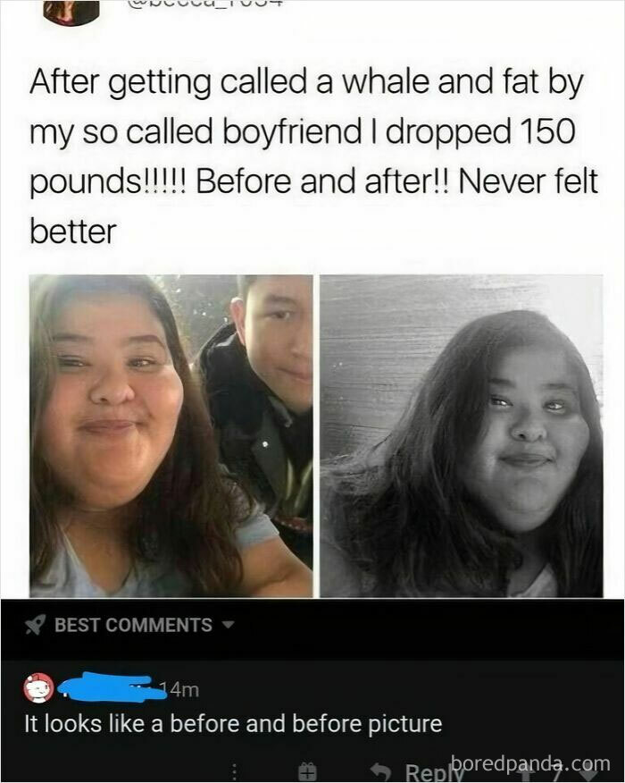 A split image of a woman before and before weight loss, with a funny comment section about the pictures.