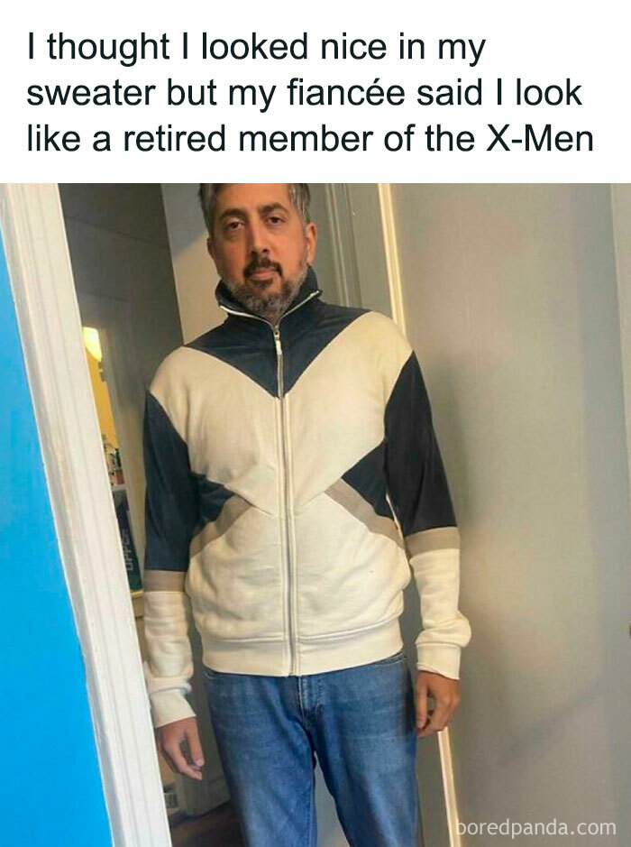A man in a sweater, described as looking like a retired X-Men member, making the comment section funnier.