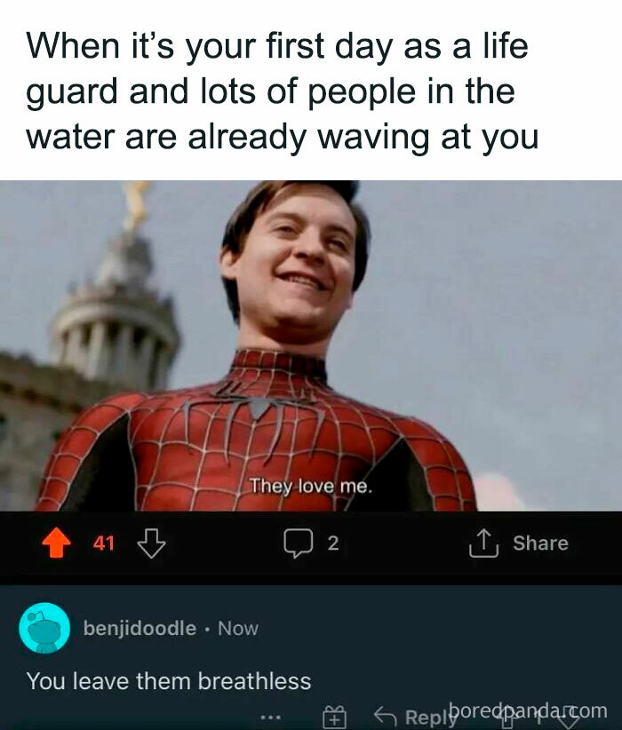 A meme of Spiderman with a funny comment section about lifeguards, love, and being breathless.
