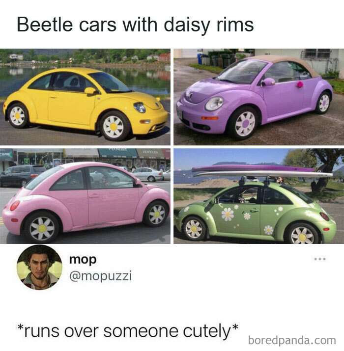 A collage of four Volkswagen Beetle cars in different colors, showing the comment section being funnier.