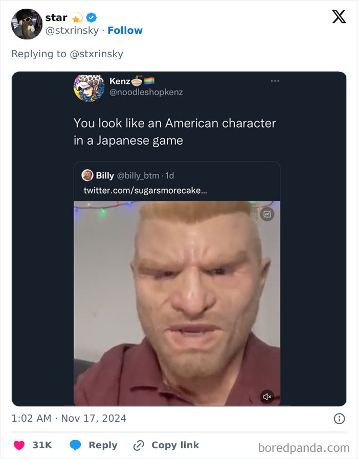 A man with an exaggerated face filter in a video, captioned with a funny comment section observation.