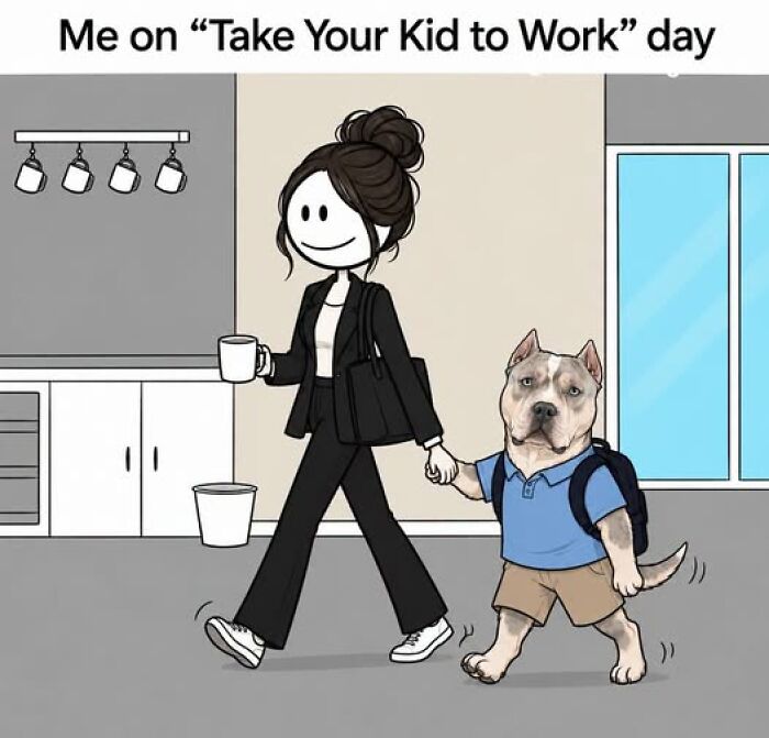 A relatable animal meme: a stick figure woman walks hand-in-hand with a dog wearing a backpack, like a kid.