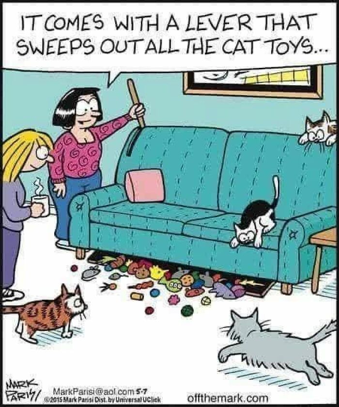 Relatable animal meme comic showing a woman demonstrating a sofa with a lever that sweeps out all the cat toys from underneath it, much to the delight of another woman and the cats.