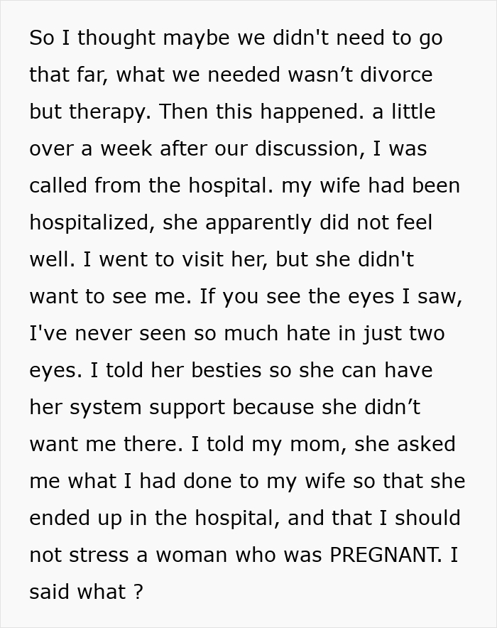 Text about wife's hospitalization and pregnancy stress