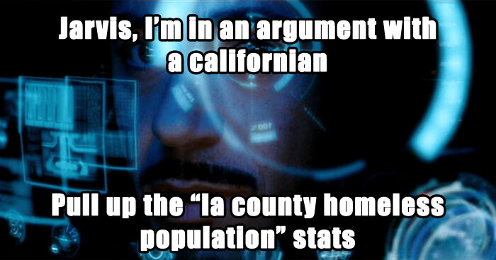 Tony Stark asking Jarvis for LA County homeless population stats