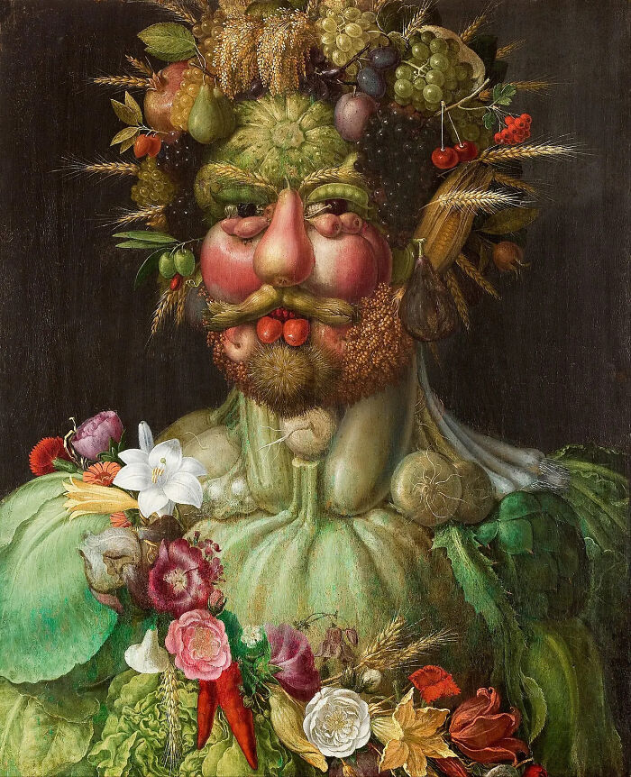 A famous painting depicts a portrait composed of fruits, vegetables, and flowers, a strange and imaginative work.