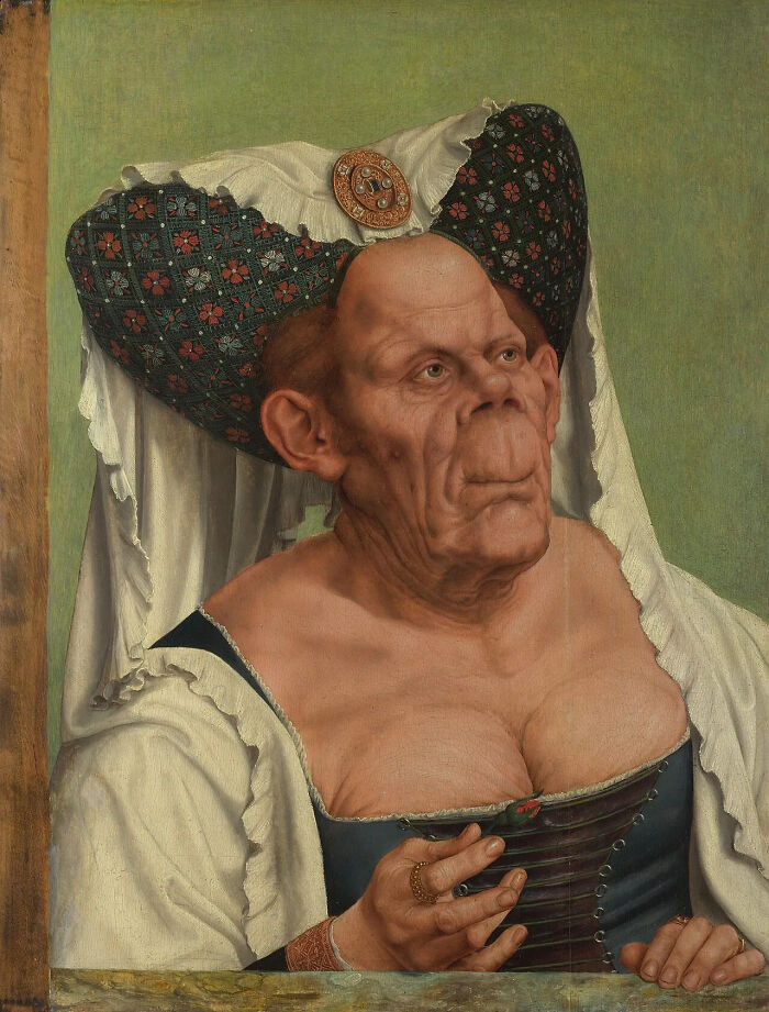 A famous painting portrays an elderly woman with unusual facial features and an elaborate headdress, a strange portrait.