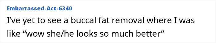 Screenshot of a comment discussing buccal fat removal results, relevant to Jennifer Lawrence's plastic surgery scrutiny.