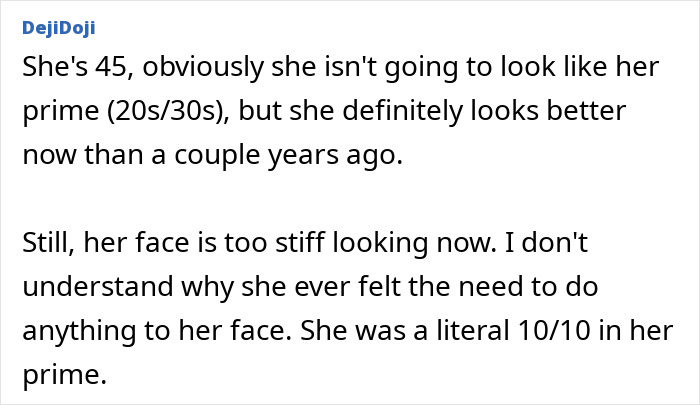 A screenshot of a fan comment analyzing a supermodel's viral transformation and appearance over the years
