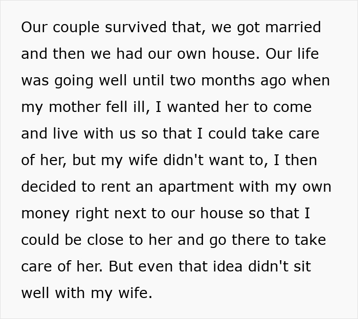 Husband rents apartment close to sick mom, upsetting wife