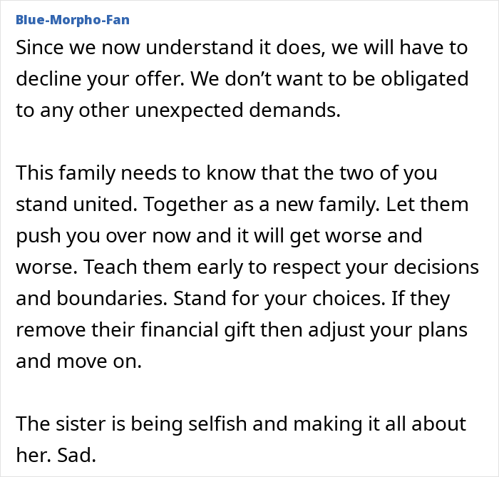 Blue-Morpho-Fan continues advice for a child-free celebration against in-laws demands and threats.