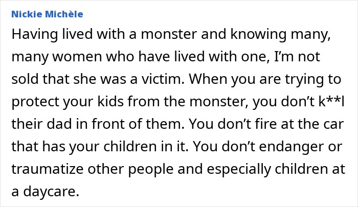 A comment about a children's mother as his attacker, highlighting she is not a victim and shouldn't harm a dad. A comment about a children's mother as his attacker, highlighting she is not a victim and shouldn't harm a dad.