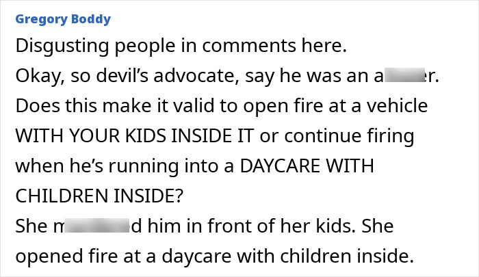 A comment about a children's mother as his attacker, emphasizing the horror of her actions in front of children. A comment about a children's mother as his attacker, emphasizing the horror of her actions in front of children.