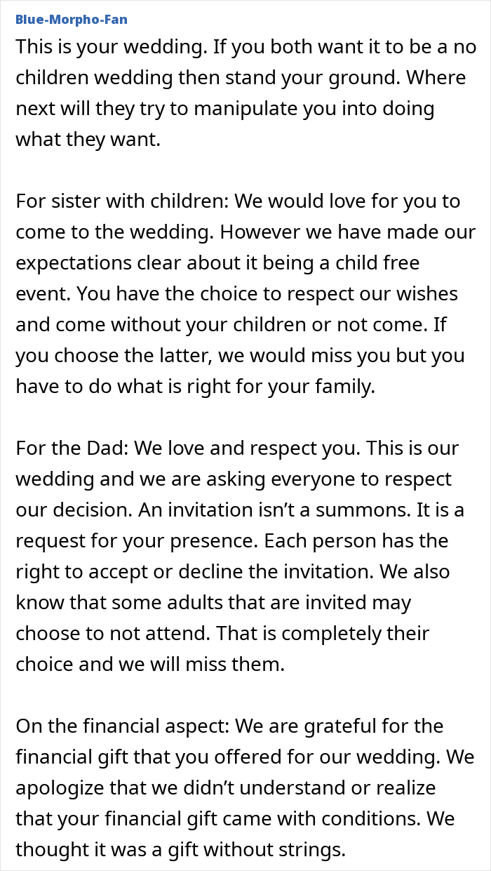 Blue-Morpho-Fan comments on in-laws demanding exceptions for a child-free celebration, using threats.