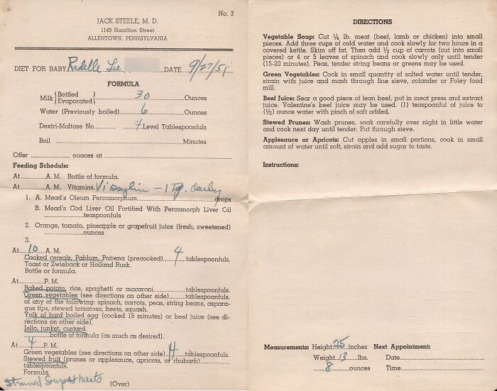 A retro infant feeding guide and formula prescription showing medical history