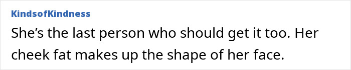 A comment from KindsOfKindness discussing Jennifer Lawrence's plastic surgery and cheek fat, sparking scrutiny.