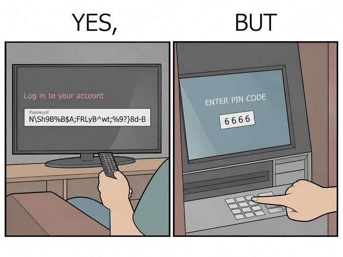 Clever yes but comic showing complex password versus simple ATM pin code