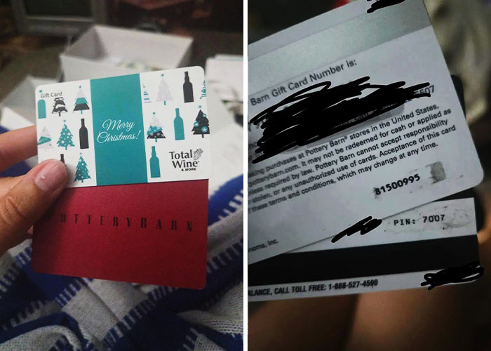 Close-up of the used gift cards sent as a wedding gift, showing a Total Wine & More and a Pottery Barn card.