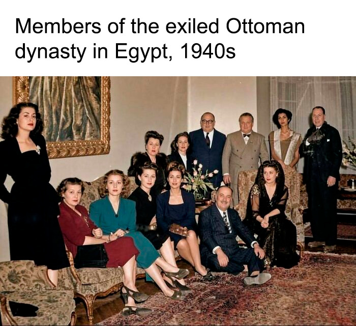 A vintage color group portrait showing members of the exiled Ottoman dynasty gathered in Egypt during the 1940s.