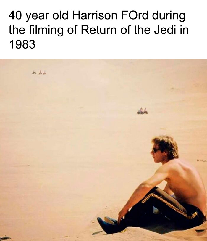 Rare photos of a shirtless Harrison Ford sitting on a desert dune during the filming of Return of the Jedi