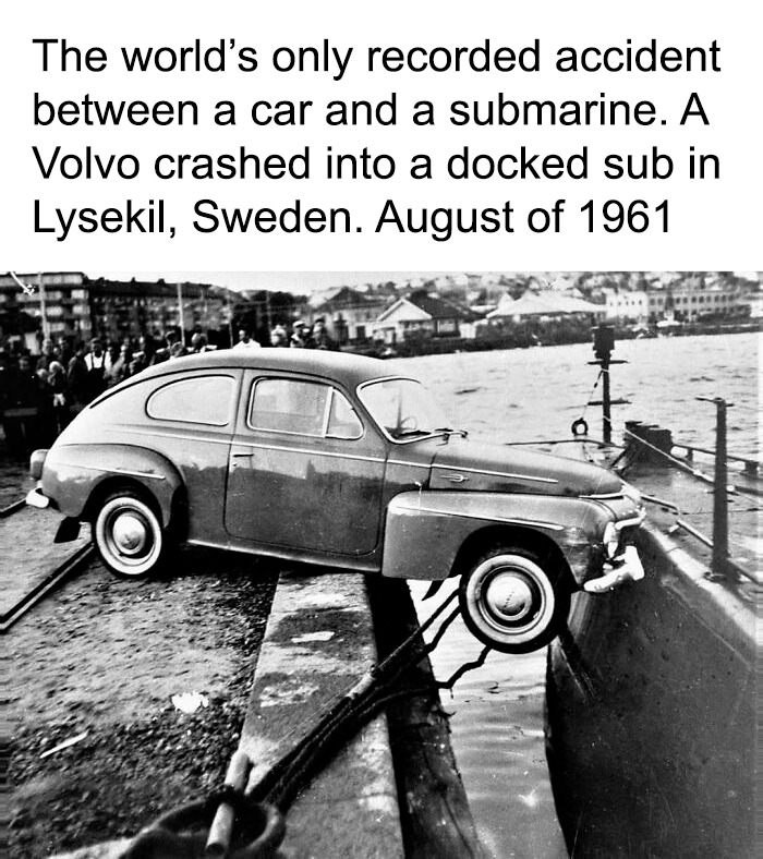 A vintage photo of a Volvo car crashed into a submarine, representing remarkable photos of the past.