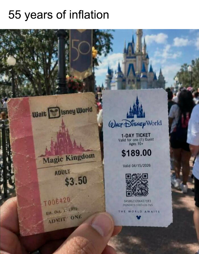 A photo comparing a historical Disney World ticket to a modern one, showing the impact of inflation from the past.