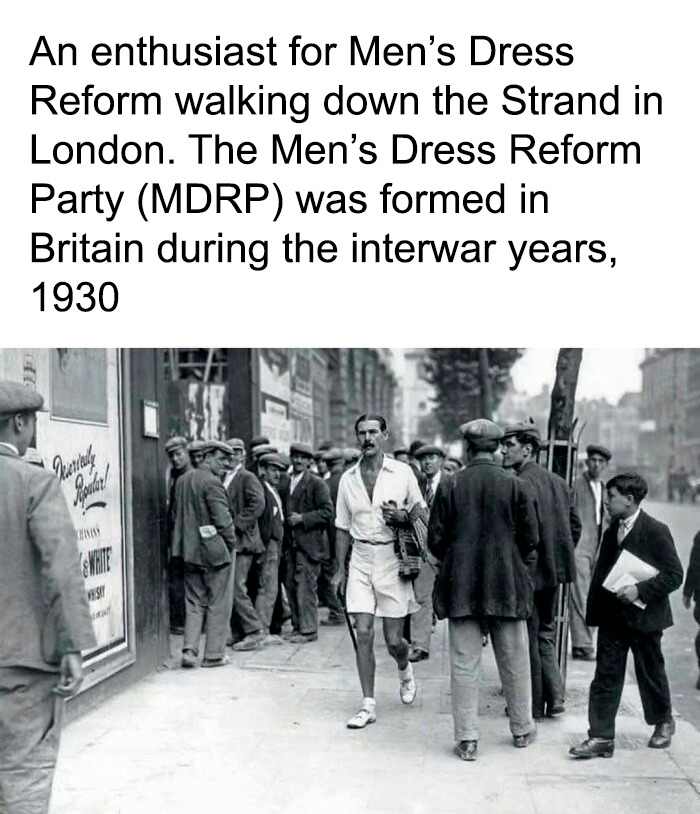 Remarkable photos showing the past as a man in shorts walks through 1930s London for Men s Dress Reform.