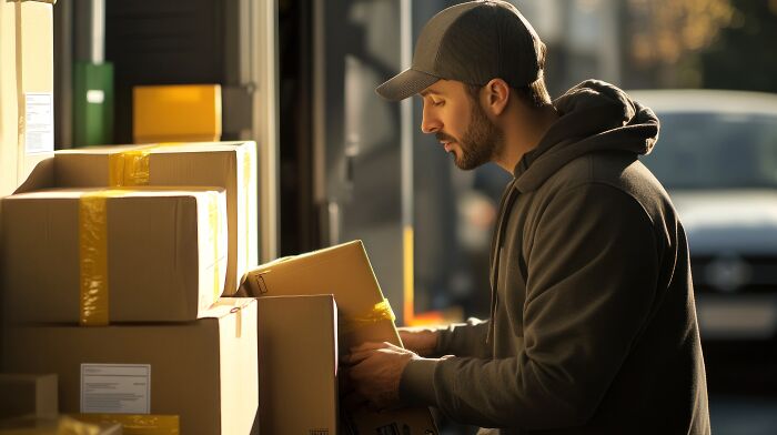 A delivery man in a cap and hoodie organizing packages, illustrating surprising things wealthy people buy.