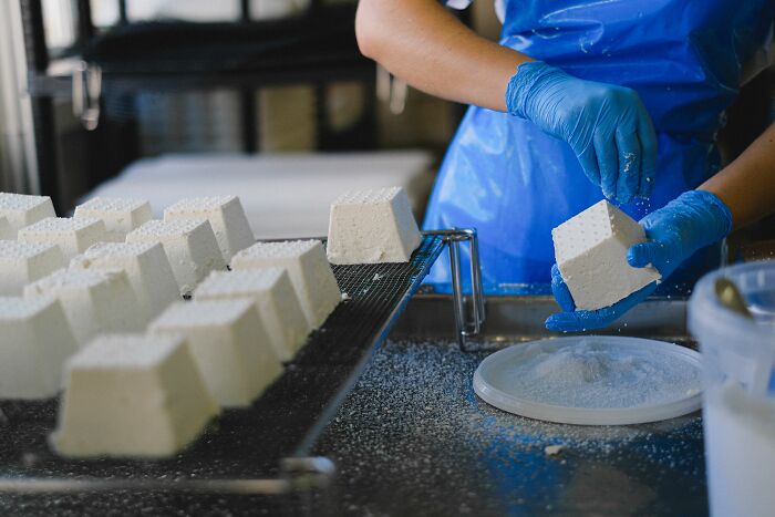 A worker in blue gloves and apron handling cheese in an industrial setting, depicting dirty truths for industry insiders.