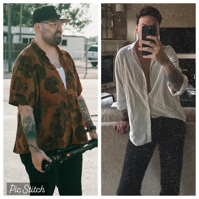 A man's breakup transformation, from a casual shirt to a stylish white shirt, showcasing peace.