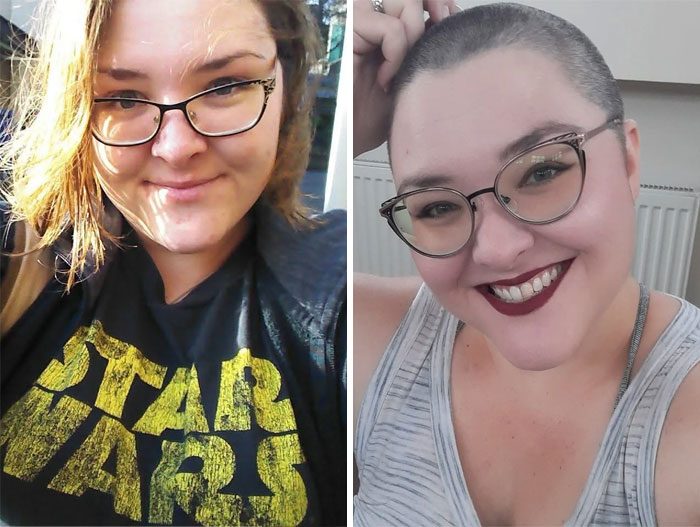 A split image showing a woman's breakup transformation, from long hair to a shaved head, symbolizing peace.