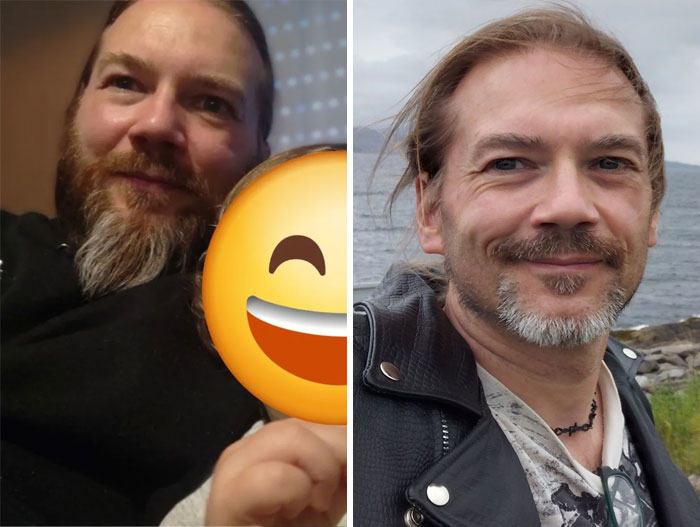 A man's breakup transformation, from a long beard to a shorter beard, reflecting a sense of peace.